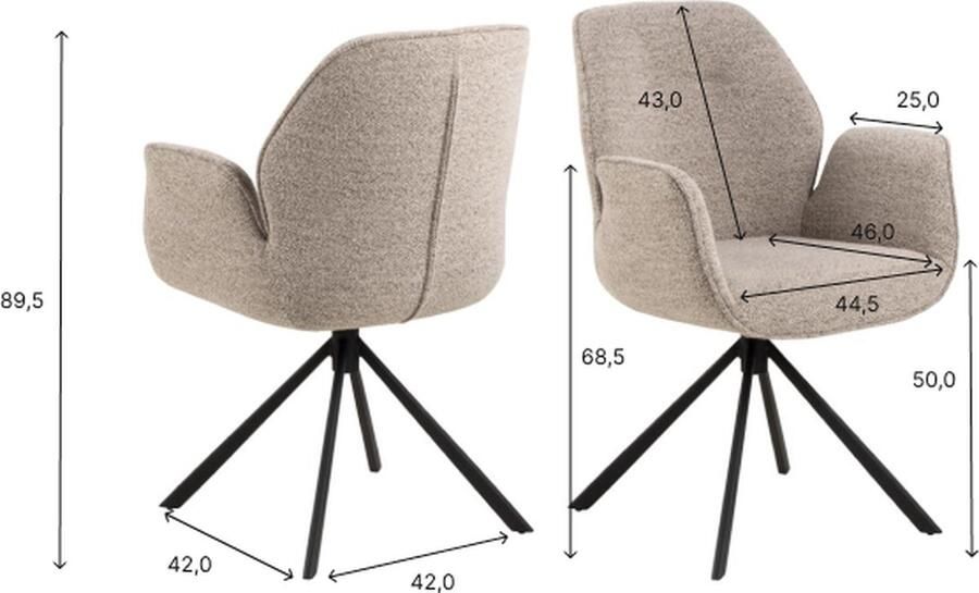 HSM Collection -Eetkamerstoel Nora + Armleuning-90x62x61-Zand Zwart-Stof Metaal