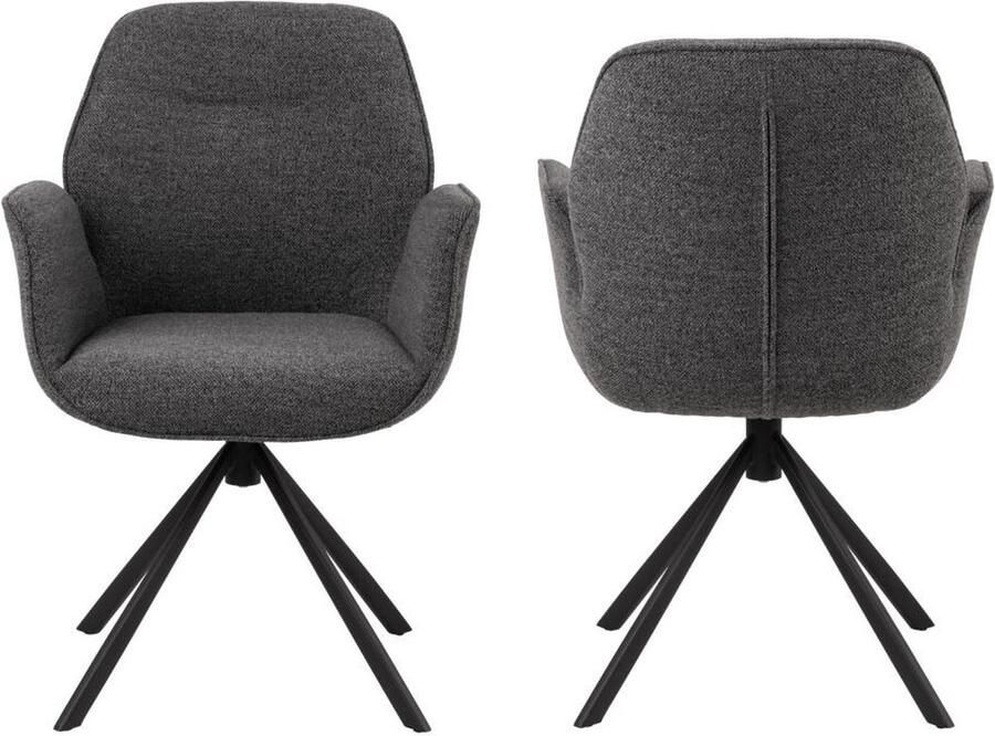 HSM Collection -Eetkamerstoel Nora + Armleuning-90x62x61-Donker Grijs Mat Zwart-Stof Metaal