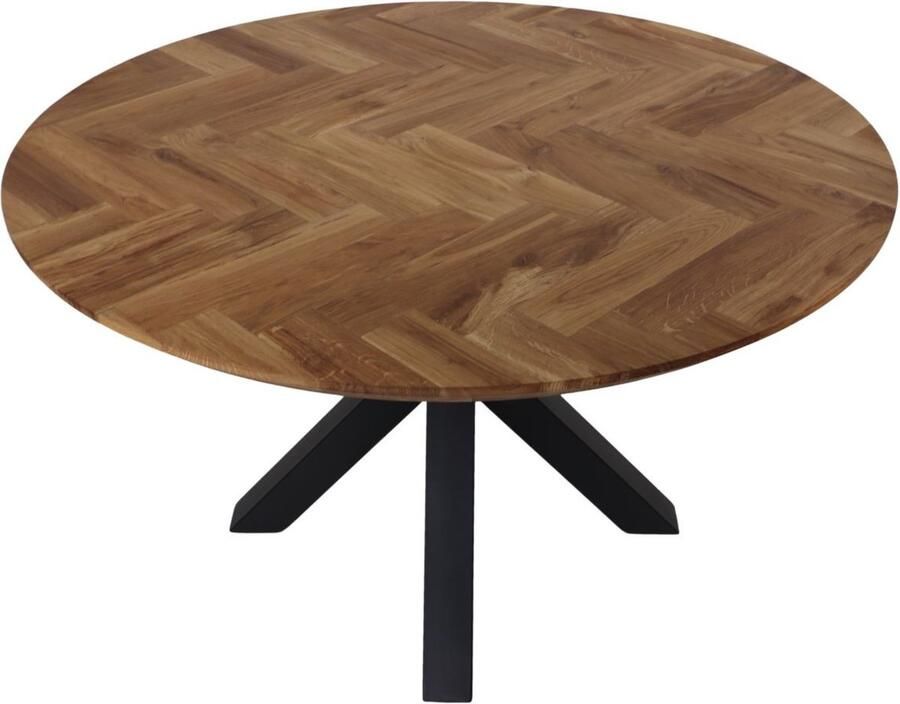 HSM Collection -Ronde Eettafel Fishbone-140x140x76-Naturel Zwart-Eiken Metaal