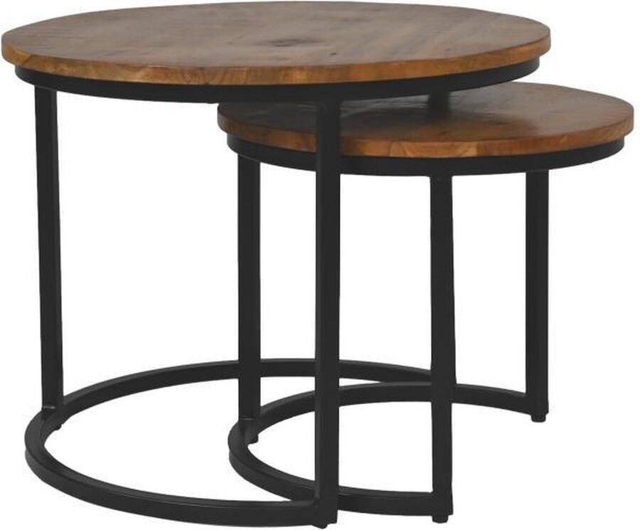 HSM Collection -Ronde Bijzettafel Ronin S 2-ø70x46 ø55x40-Bruin Zwart-Mango Metaal