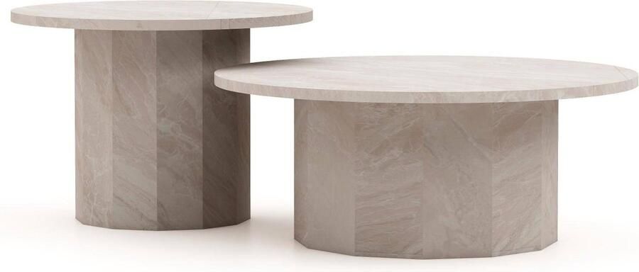 HSM Collection -Ronde Salontafel Sofia S 2-ø80x32 ø60x43-Wit-Travertine