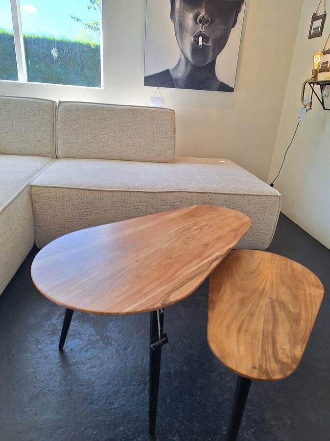 HSM Collection Salontafels Zurich 95x52x46 Naturel zwart Acaciahout ijzer Set van 2