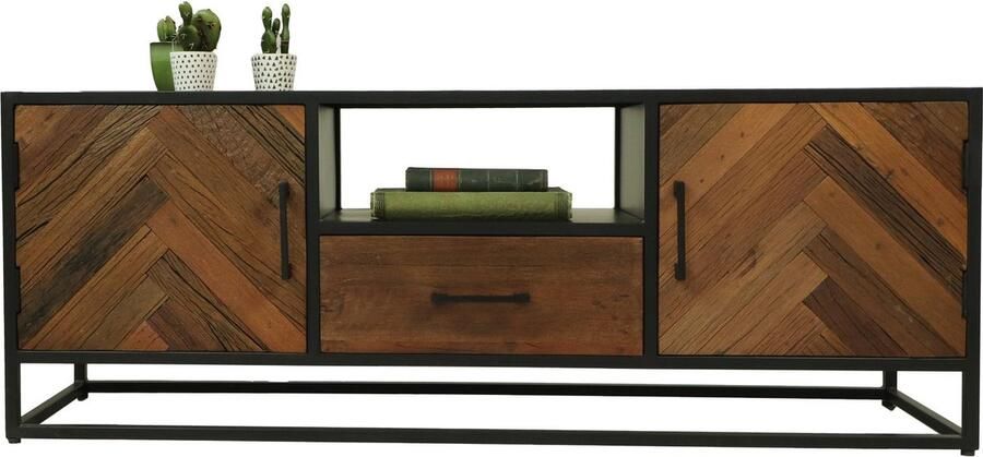 HSM Collection -TV Meubel Verona 2 Deur 1 La-150x40x55-Bruin Zwart-Mango Metaal
