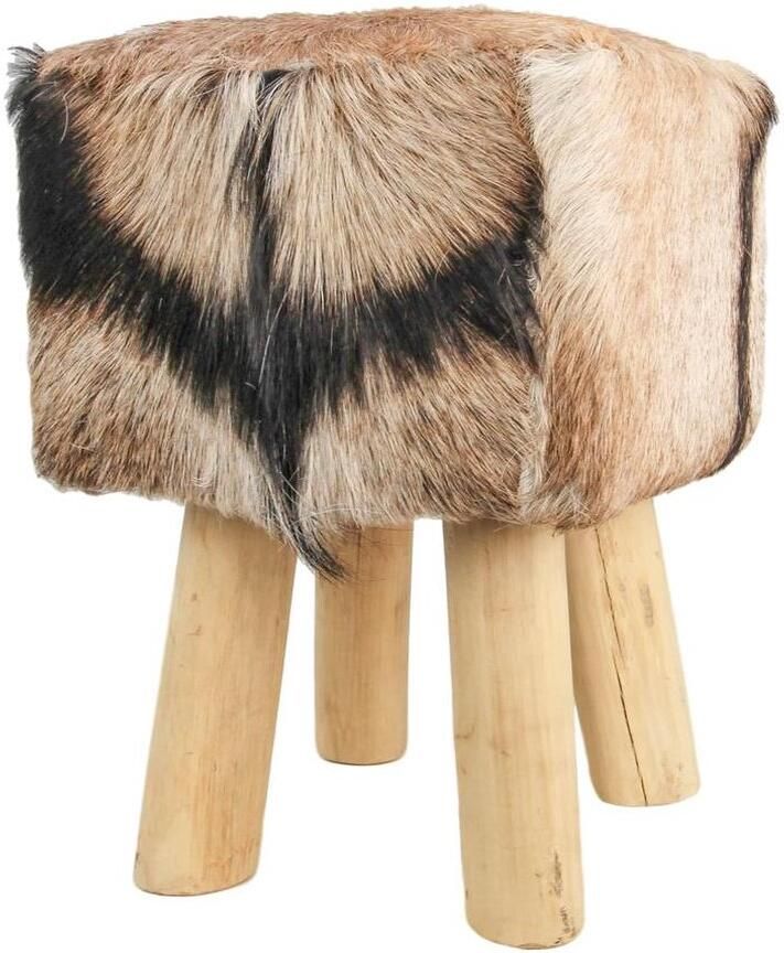 HSM Collection -Vierkante Kruk Geitenhuid-33x33x45-Assorti Naturel-Geitenhuid Teak