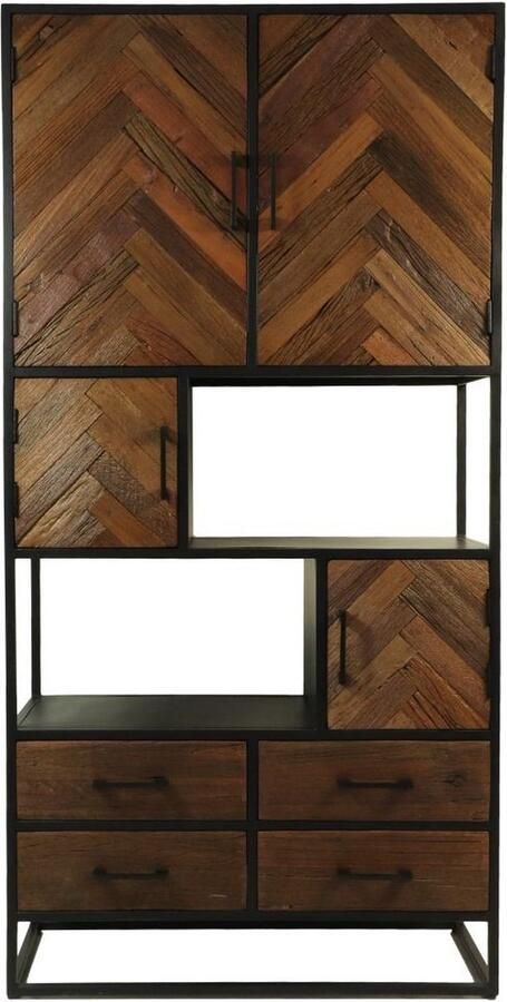 HSM Collection -Wandkast Verona 4 Deur 4 La-100x40x200-Bruin Zwart-Mango Metaal