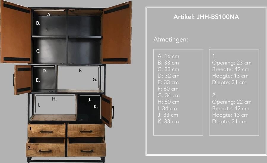 HSM Collection -Wandkast Verona 4 Deur 4 La-100x40x200-Naturel Zwart-Mango Metaal