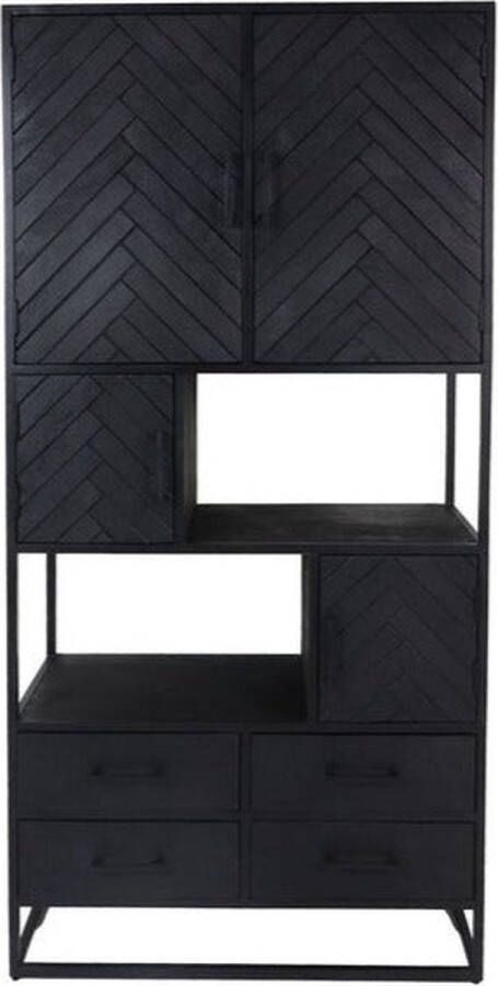 HSM Collection Vakkenkast Zwart Boekenkast Woonkamer Kast Buffetkast industrieel Vitrinekast 100x40x200 Wood Selections