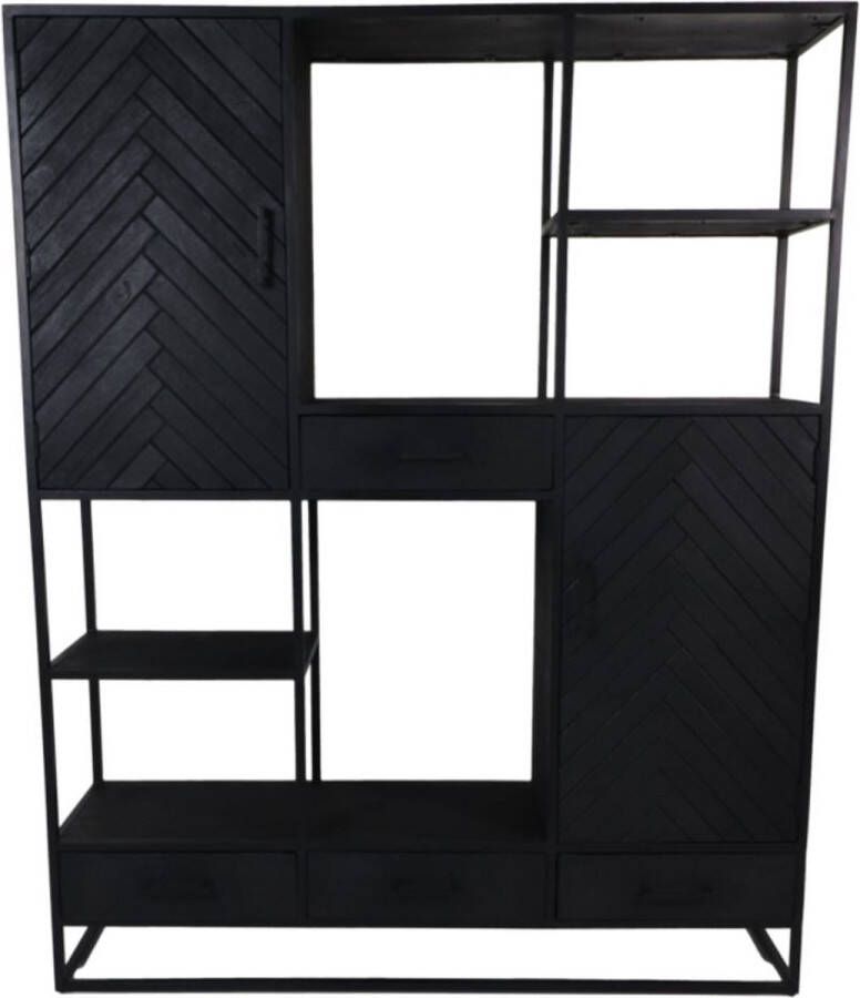 HSM Collection Vakkenkast Zwart Boekenkast Woonkamer Kast Buffetkast industrieel Vitrinekast 160x40x200 Wood Selections