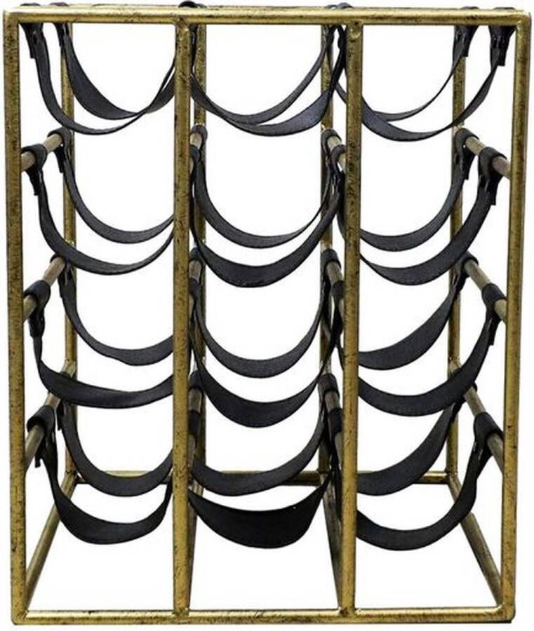 HSM Collection Wijnrek 12 flessen 33x32x40 Antiek goud Zwart Metaal Faux leder - Foto 1