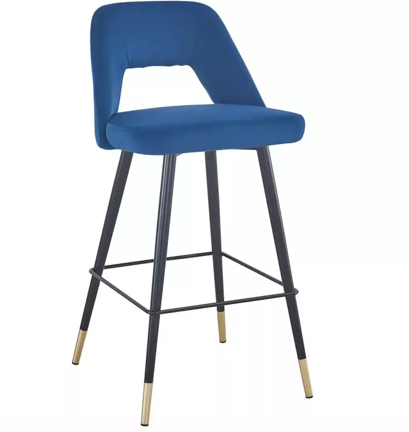 HTfurniture -Cave-blauw fluwelen barkruk met zwarte poot en gouden tips-barstoel