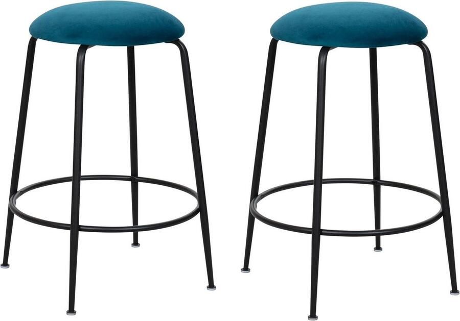 HTfurniture -blauwgroene Barkrukjes set van 2 Fluweel barkruk ijzere poeten zwart Modern