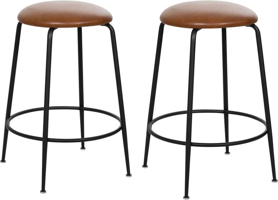 HTfurniture -Bruine Barkrukjes set van 2 PU Gewatteerde barkruk ijzere poeten zwart Modern
