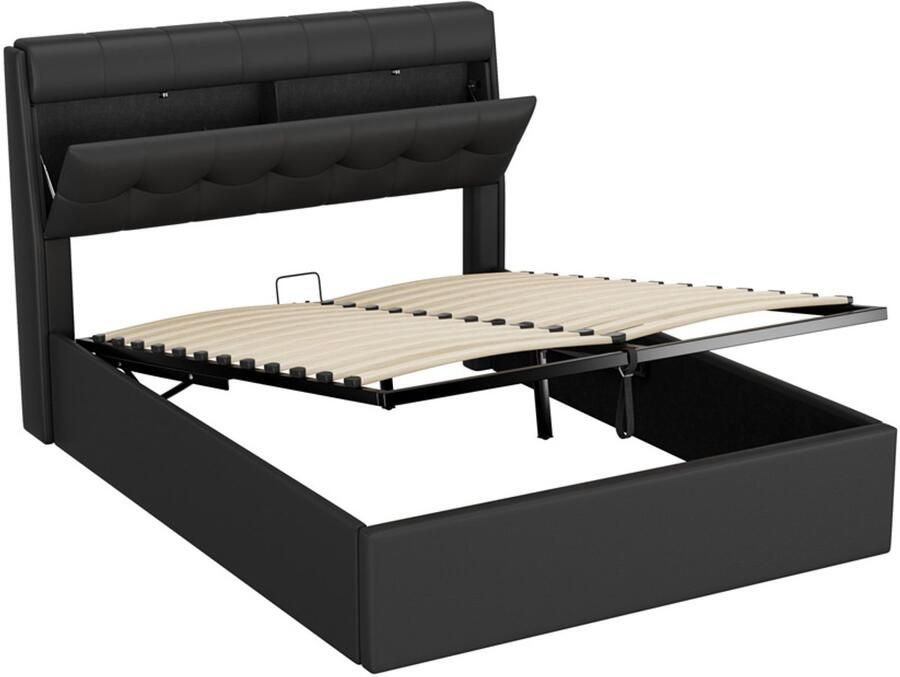 Hucoco Gestoffeerd bed tweepersoonsbed 140x190cm zonder matras met hydraulische opbergruimte bedhoofdeinde met knoopdecoratie in vierkante vorm en opklapbare verborgen opbergruimte zwart