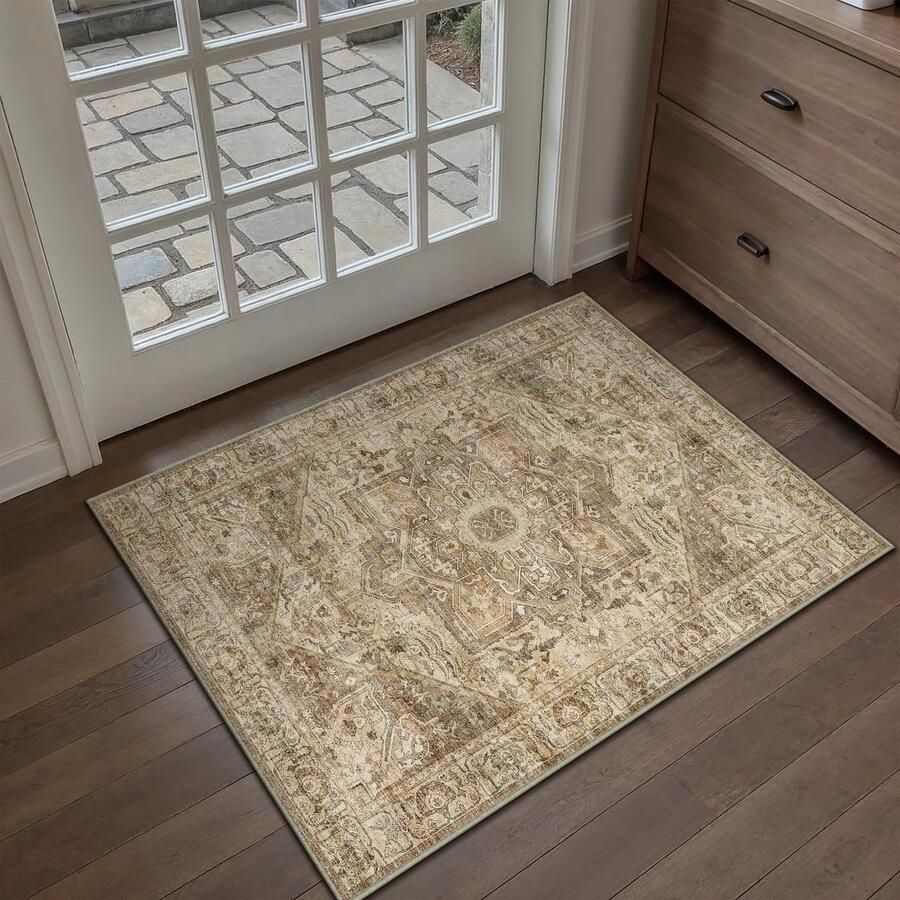 HUGEAR GROOT Vintage Bruin Multi Wasbaar Tapijt in de Entree 60x90cm Deurmat Badkamer Tapijt Zacht Antislip Retro Klein Tapijt Kortpolig Badkamer Slaapkamer Tapijt Slaapkamer