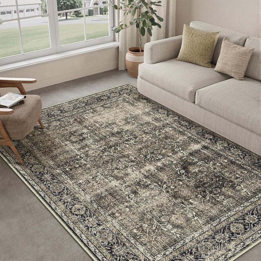 HUGEAR Vintage Bruin Wasbaar Tapijt Woonkamer 140x200cm Retro Tapijten voor Woonkamer Zacht Antislip Groot Tapijt Kortpolig Slaapkamer Tapijt Woonkamer Slaapkamer Eetkamer Tapijten Kantoor