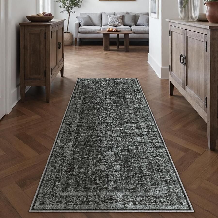 HUGEAR Vintage diepzwart wasbaar tapijt 60x180cm loper gang antislip zacht entree hal tapijt kortpolig slaapkamer retro tapijten keuken slaapkamer bruggen gang tapijt