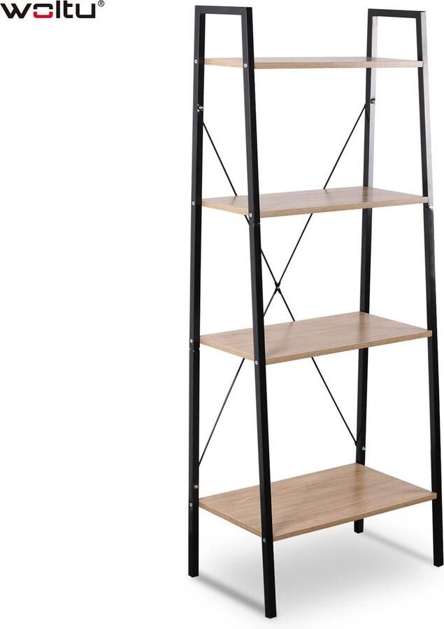 Huis-tuin online -Boekenkast -Plank 60*35*148Cm Metaal Hout 4 laags Ladder Stellingkast Hout-Opslagkast multifuntioneel