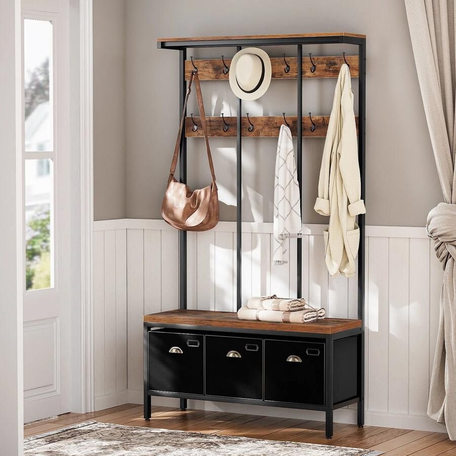 Huis-tuin online -Kapstok 12 Haken Hal Boom Met Bank Schoenenopbergbank 3 Opbergdozen -halmeubel-industriee 100 cm (L) x 37 cm (W) x 182 cm (H) l