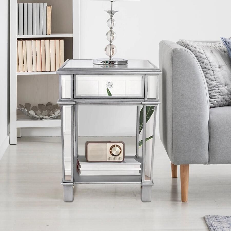 Huis-tuin online -Nachtkastje Zware Spiegelende Nachtkastje Modern 1 Lade Glazen Zijtafel Zilver Dressoir Slaapkamer L x B x H 45x38x64 cm