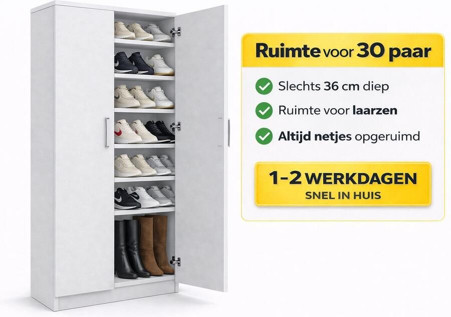 Huisenthuis.nl Schoenenkast met deuren – Smalle kast – Dichte opbergkast – 30 paar – 36 cm diep – Opbergkast schoenen Wit Breedte 80 cm Hoogte 183 cm Diepte 36 cm Met planken Met openslaande deuren - Foto 3