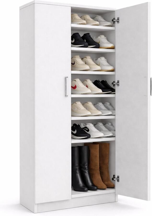 Huisenthuis.nl Schoenenkast met deuren – Smalle kast – Dichte opbergkast – 30 paar – 36 cm diep – Opbergkast schoenen Wit Breedte 80 cm Hoogte 183 cm Diepte 36 cm Met planken Met openslaande deuren - Foto 2