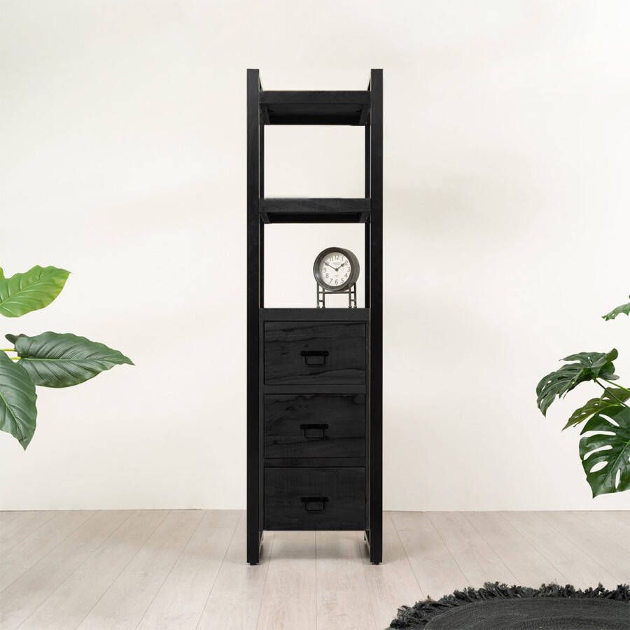 HUUS Boekenkast Britt Zwart met lades en open vakken 55x40x200 cm Mangohout