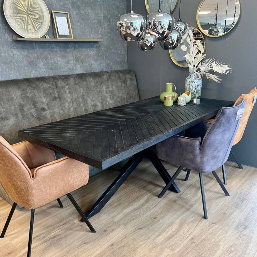 HUUS Eettafel Floor Gemaakt van Mangohout Visgraat Zwart Spinpoot- 220 cm 220x100x77 cm