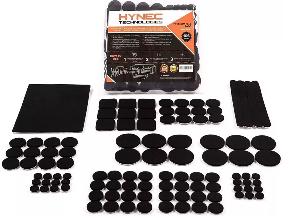 Hynec Tech Hynec premium meubelbeschermers viltglijders zelfklevend viltglijders voor stoelen vloerbeschermers voor stoelen 106 stuks 7 maten ZWART vloerbescherming stoel