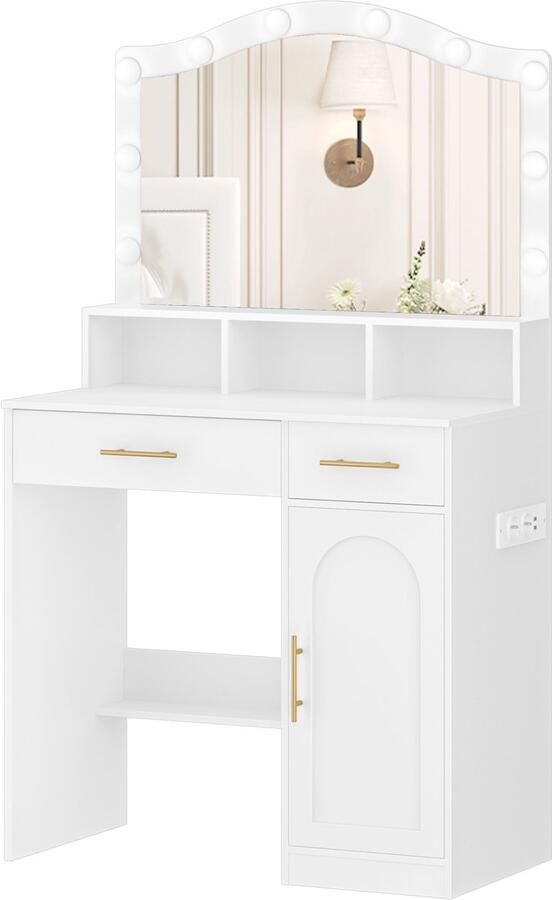 Make-up tafel kaptafel make-up spiegel voor meisjes met HD spiegel en in kleur verstelbare LED-verlichting met oplaadstation en USB-poort 2 lades en 1 opbergkast open opbergruimte cosmetische opbergtafel voor slaapkamers kleedkamers badkamers