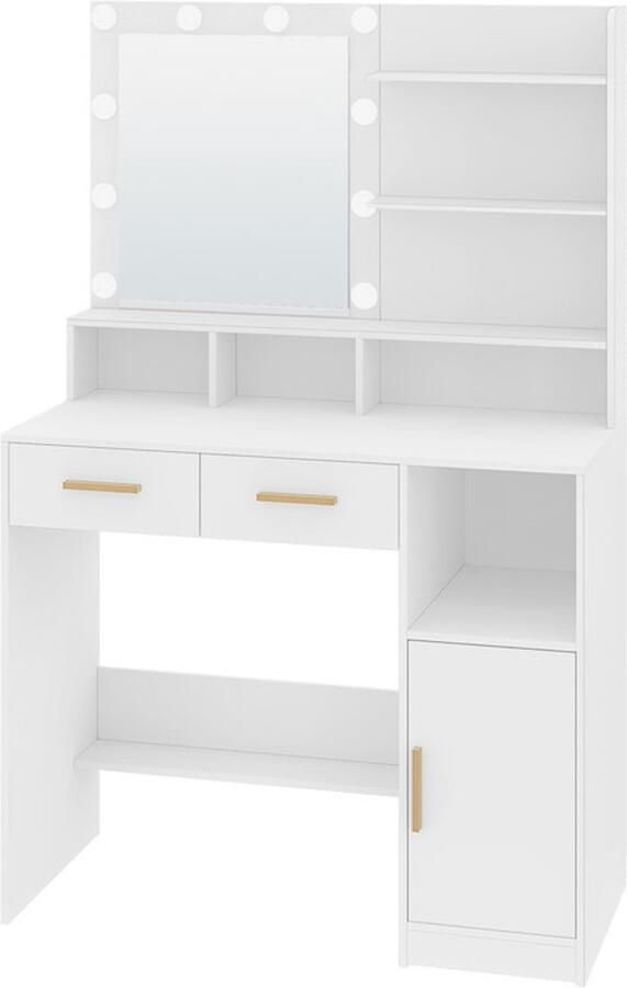 Hzuaneri Kaptafel met spiegel en 10 LED-lampen met regelbare helderheid Kaptafel met 2 lades en 1 kast 3 planken en 4 open vakken wit