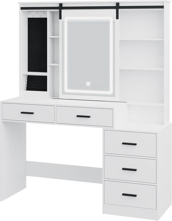 Hzuaneri Make-up tafel toilettafel verstelbare LED-verlichting verplaatsbare grote spiegel (met juwelendoos) open planken 5 lades geschikt voor slaapkamer en kleedkamer