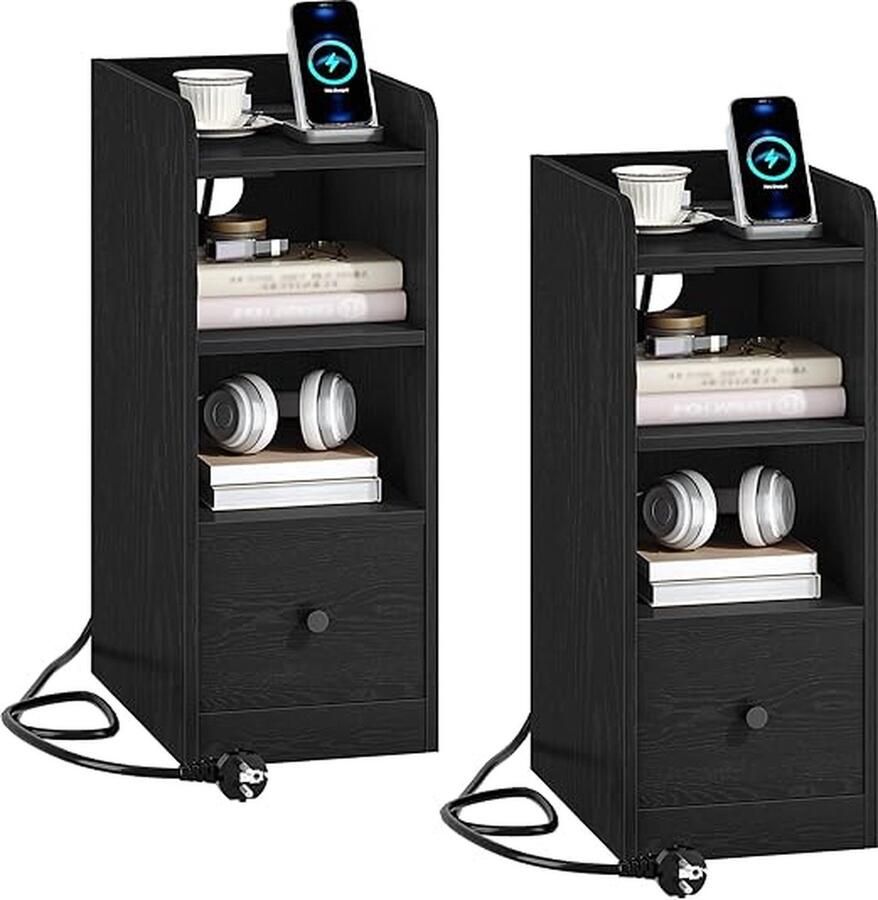 Hzuaneri Nachtkastje- 3 lades- Nachtkastjes set van 2- Nachtkastjes- Nachtkastjes industrieel- Nachtkastjes modern- Nachtkastje zwart- Nachtkastjes landelijk- Nachtkastje met stopcontacten en USB-poorten