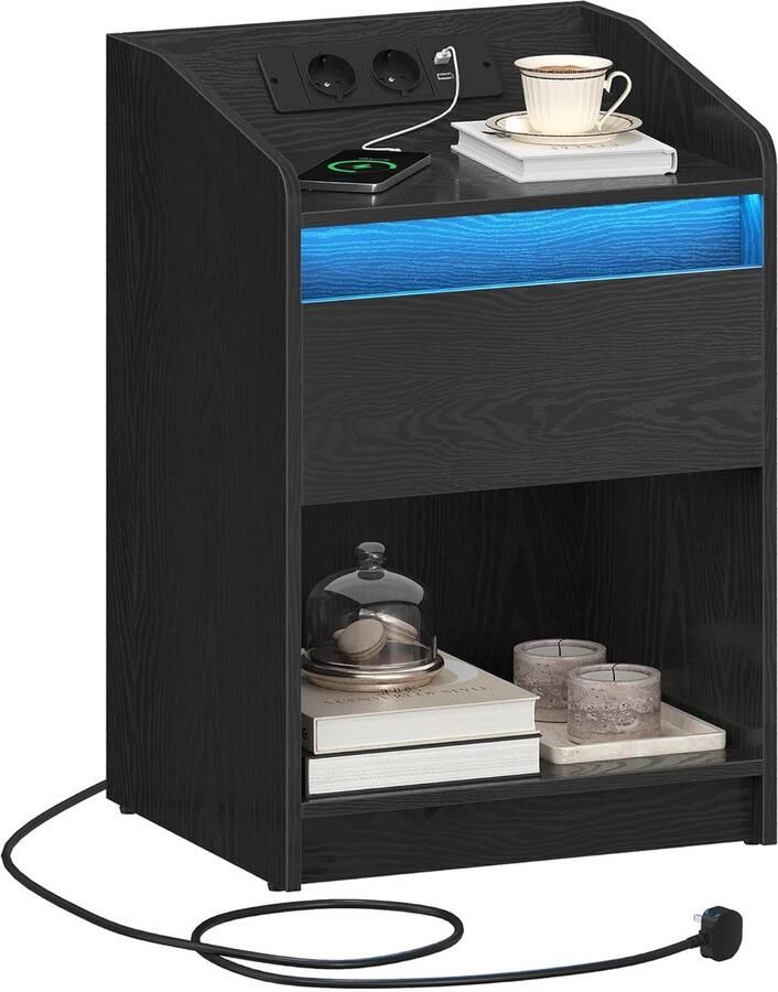 Hzuaneri Nachtkastje met LED Licht- Nachtkastje met Oplaadstation- 1 Opberglade Nachtkastje voor Slaapkamer- Woonkamer- 2 USB Poorten 2 Stopcontacten- Open Compartiment- Zwart