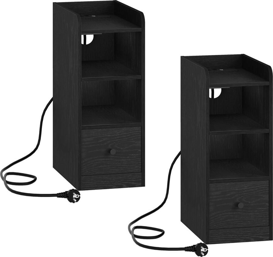 Hzuaneri Nachtkastje set van 2 met oplaadstation USB & Type C poort slank bijzettafeltje 3-laags opbergruimte met 1 lade ruimtebesparend voor slaapkamer woonkamer zwart
