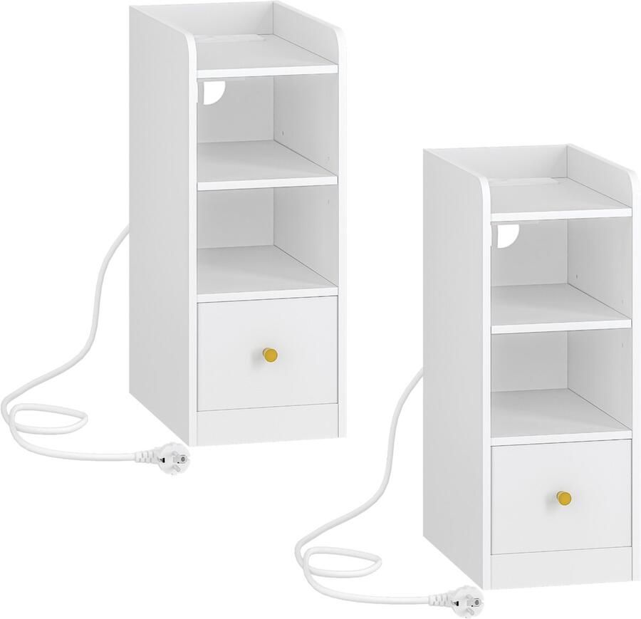 Hzuaneri Nachtkastje set van 2 met oplaadstation USB & Type C poort smalle bijzettafel 3-laags opbergruimte met 1 lade ruimtebesparend voor slaapkamer woonkamer wit