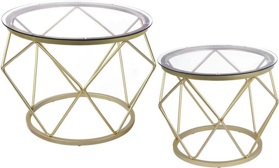 Ronde salontafel set van 2 bijzettafels bijzettafelset met metalen frame klein bijzettafeltje voor woonkamer slaapkamer kantoor slaapkamer goud