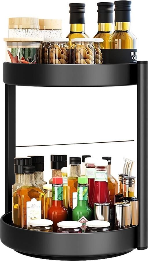 Ibenzoa 360° draaibaar kruidenrek keukenorganizer dubbellaags kruidenrek draaitafel kruidenhouder koolstofstaal staande planken voor werkblad kruidenpotjes (zwart)