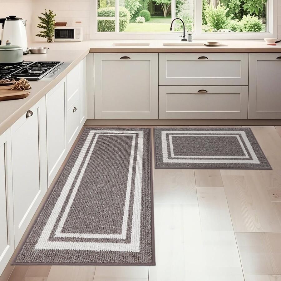 Ibenzoa Antislip Keukenlopers Set van Twee Wasbare Tapijten voor Keuken Bruin Waterabsorberend en