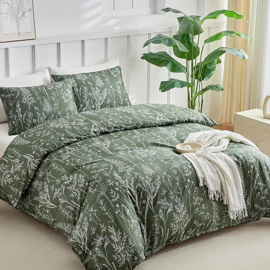 Ibenzoa Beddengoedset met Olijfgroen Botanisch Patroon voor Tweepersoonsbed 200 x 200 cm