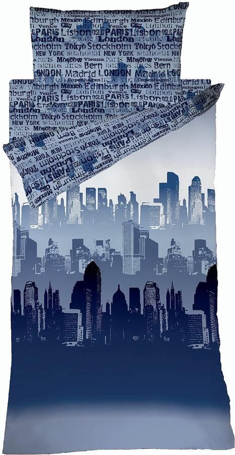 Ibenzoa Beddengoedset met Stadslijnontwerp in Blauwe Tinten voor Eenpersoonsbedden Inclusief Kussenslopen