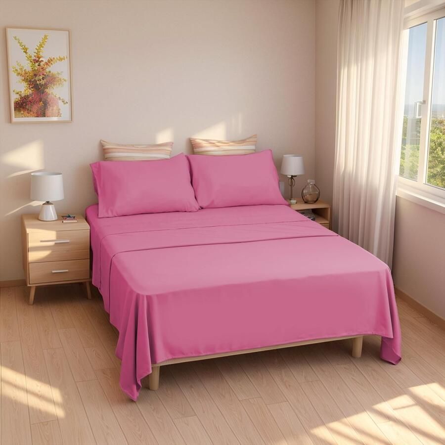 Ibenzoa Bettlaken Set 4-Delig voor 135x190 200cm Bed Microvezel Ademend Inclusief Kussensloop Fuchsia