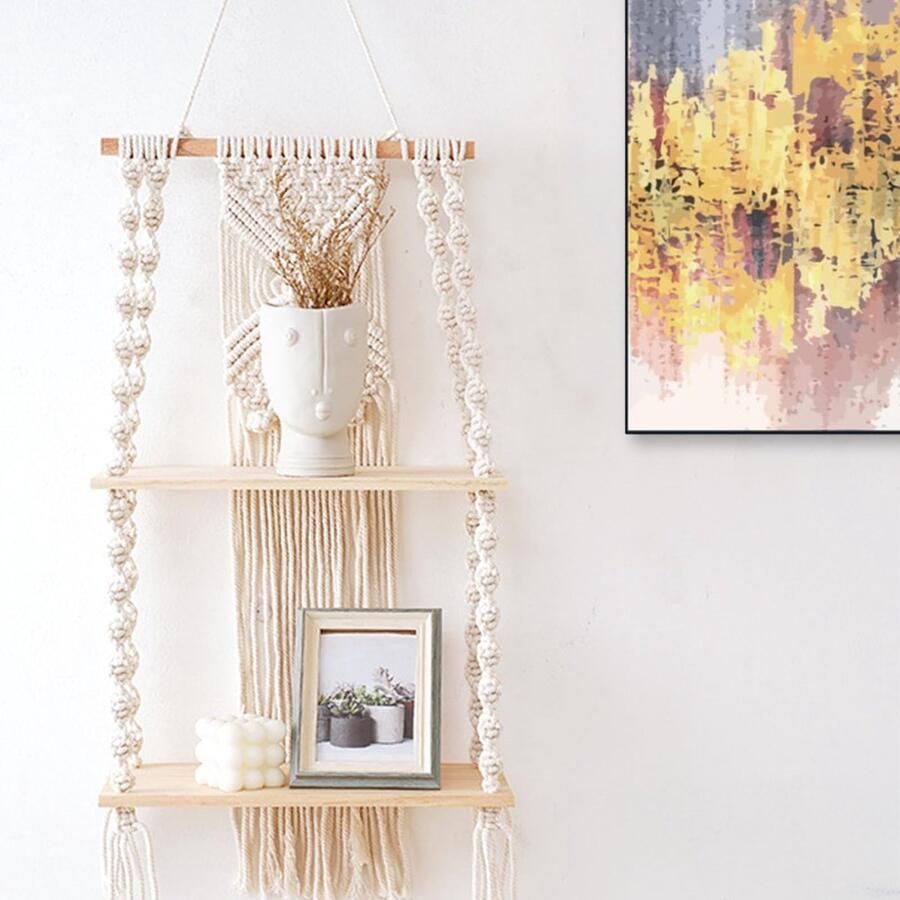 Ibenzoa Boheemse Stijl Houten Wandrek met Macramé Ophanging voor Veelzijdige Ruimtedecoratie