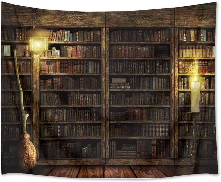 Ibenzoa Bohemian Wandtapijt met Vintage Boekenkast Ontwerp in Psychedelische Stijl (180 x 200 cm)