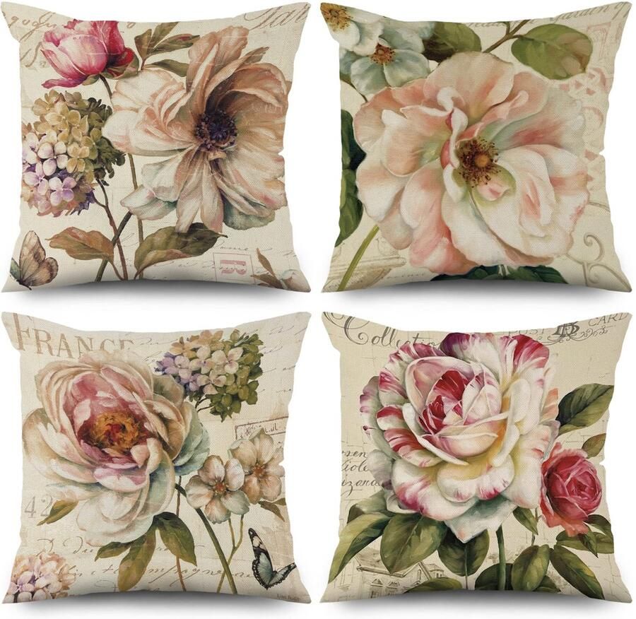 Ibenzoa Charmante Set van 4 Retro Bloemen Kussenhoezen voor Bank en Outdoor Gebruik