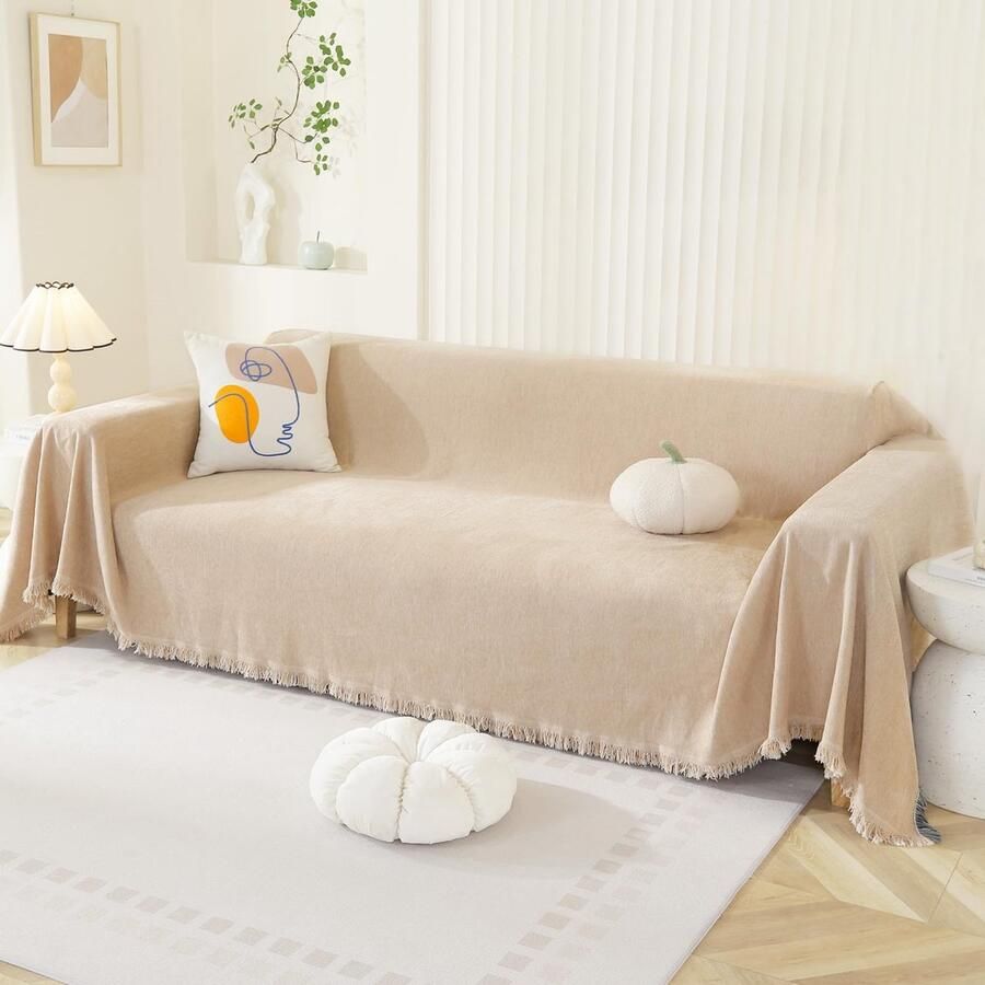 Ibenzoa Decoratieve Chenille Bankhoes voor Verschillende Zitbanken en Maten met Kwastjes Bruin