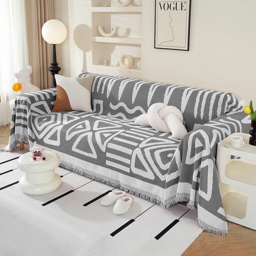 Ibenzoa Boho Stijl Chenille Bankhoes Met Decoratieve Kwastjes Voor L-vormige Banken Donkergrijs 180 x 380 cm