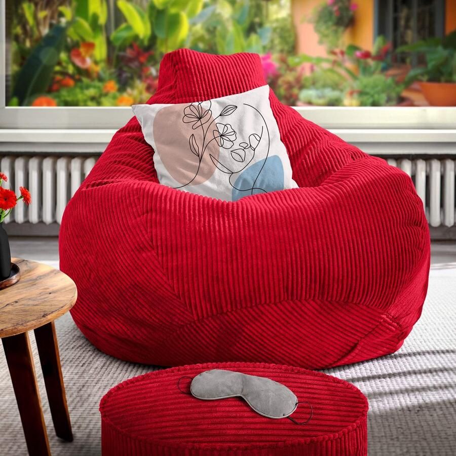 Ibenzoa Comfortabele en Stijlvolle Corduroy Zitzak met Kruk voor Woon- en Slaapkamer Rood