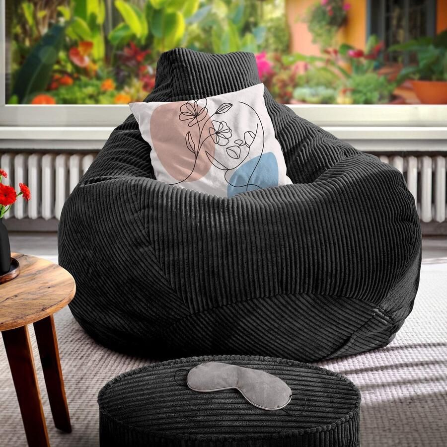 Ibenzoa Comfortabele en stijlvolle zitzak met kruk voor woonkamer en slaapkamer in zwart corduroy