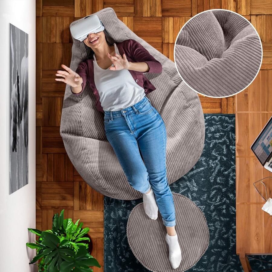 Ibenzoa Comfortabele en Stijlvolle Zitzak met Voetsteun van Corduroy voor Woon- en Slaapkamer Lichtgrijs
