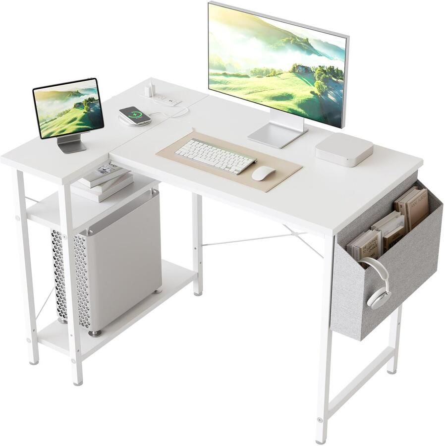 Ibenzoa Compact L-vormig bureau met geïntegreerde stopcontacten en planken voor thuiswerk